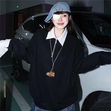 学院风格子polo领假两件卫衣男女美式宽松长袖外套CT505-P45，女装短外套，星座1001-1