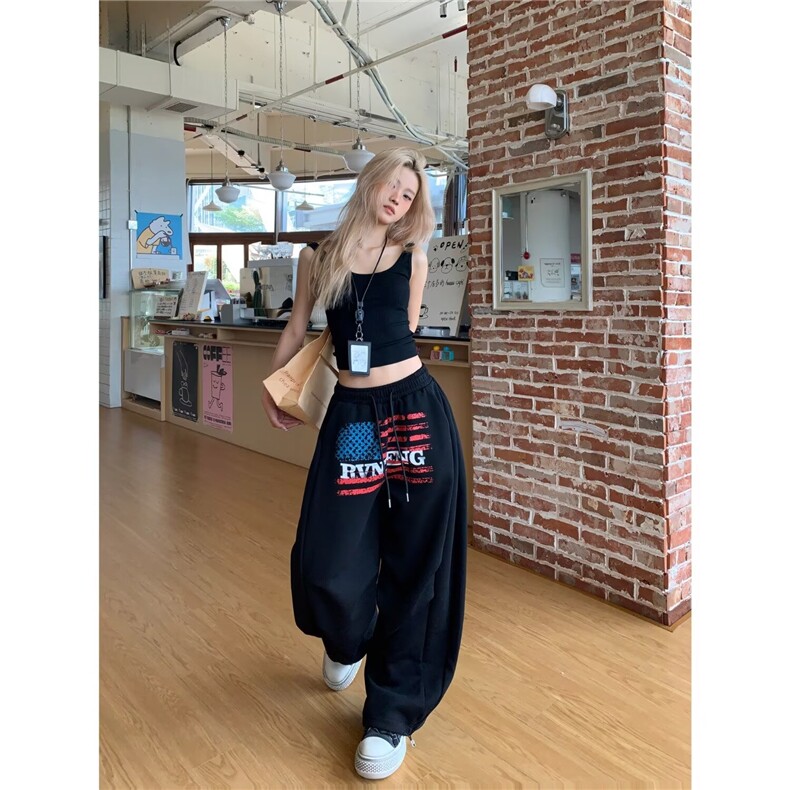 现货美式复古字母印花运动卫裤男女慵懒风阔腿休闲长裤K5337/P50,男装休闲裤,星座205-3