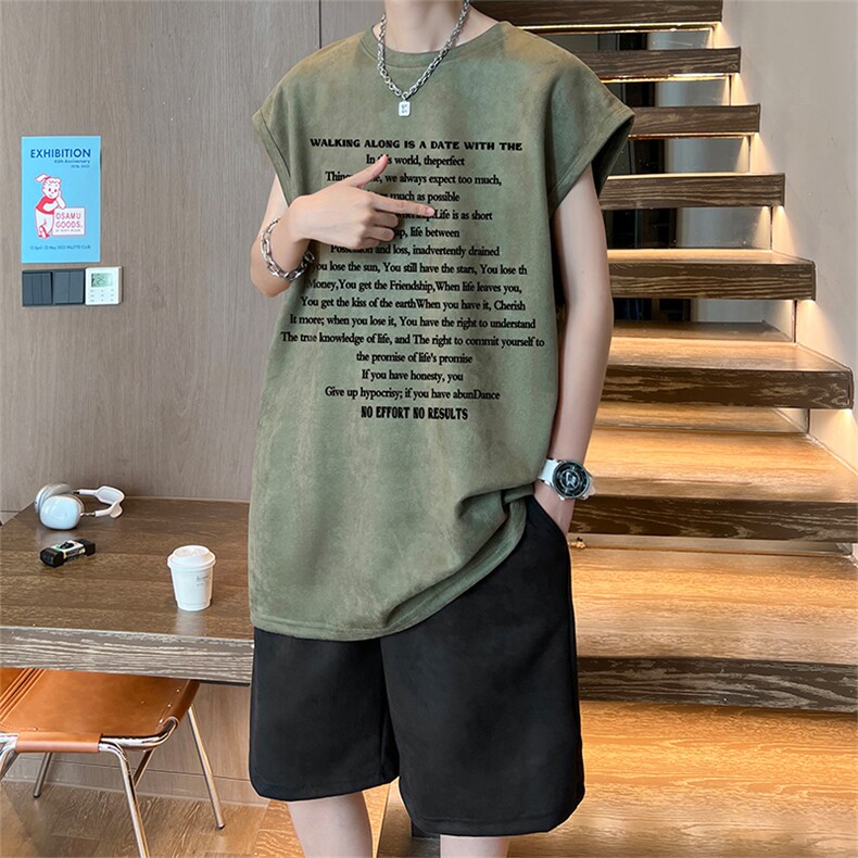 直播美式麂皮绒宽松背心无袖t恤短裤大码两件套套装TZ25-P58,男装T恤,电商A486