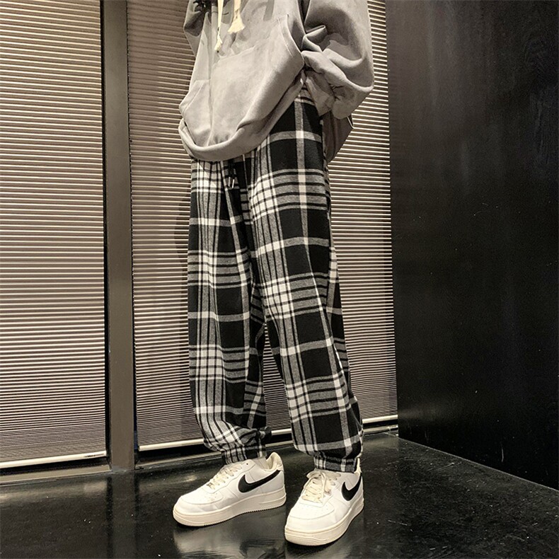 D321-1-DM184-P45男装新款港风宽松休闲束脚格子运动裤,女装休闲裤,电商D321-1
