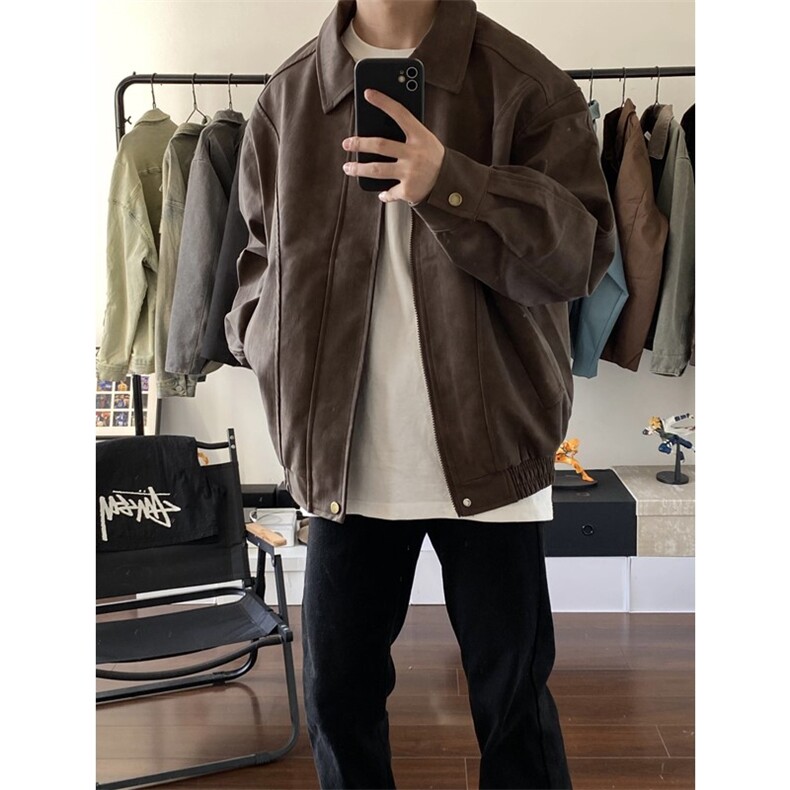 抖音PU皮夹克宽松复古纯色外套DY2407-特P80加厚2408-P90图片