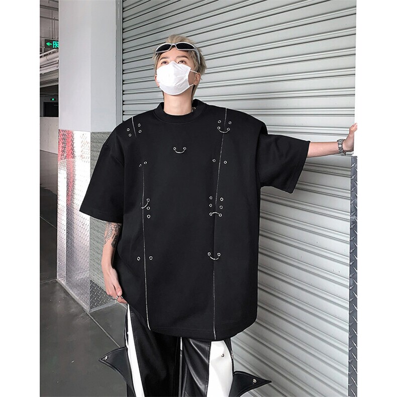 现货！25夏季男士金属垫肩设计感气眼铆钉T恤短袖DX81-P78,男装T恤,电商B288