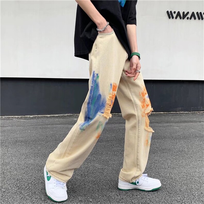 高街做旧扎染破洞牛仔裤潮牌ins街头男女宽松直筒休闲裤N181-P52,男装牛仔裤,星座1008
