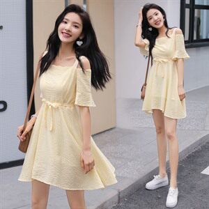 2021年夏季 短袖 中长款 喇叭袖 套头 中腰 一字领 连衣裙 时尚 显瘦 修身图片