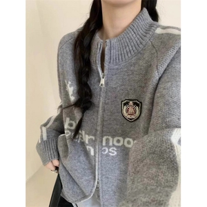 棒球服翻领拉链毛衣开衫女外套秋装新款韩版宽松针织衫 M303图片
