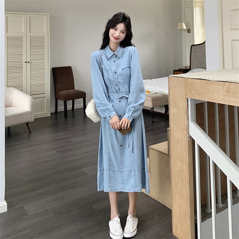 法式牛仔衬衫连衣裙女2025春秋季新款设计感复古港风显瘦气质长裙,女装连衣裙,浙宝203