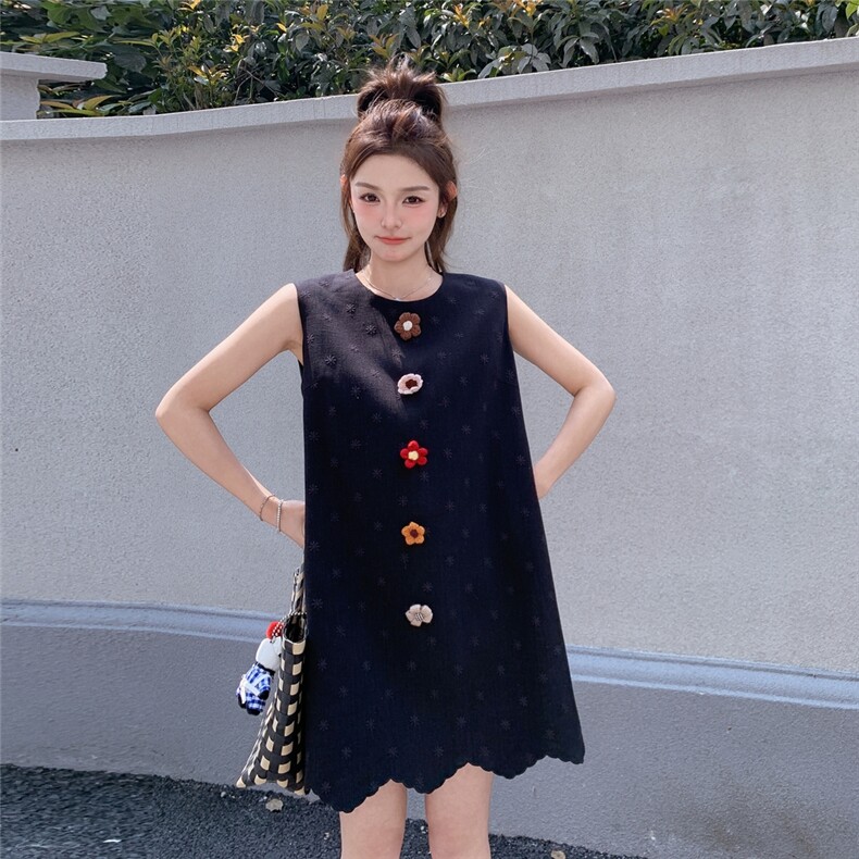 俏皮减龄立体花朵无袖连衣裙女夏2025新款超好看小个子绝美a字裙,女装连衣裙,2C201