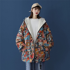 2025冬装涂鸦印花男士羊羔毛棉衣连帽宽松棉服棉袄M505-P120控158，男装棉衣，电商A006