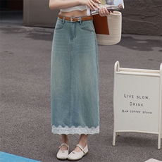 牛仔半身裙女春秋2025新款小个子高腰a字中长款浅色开叉包臀裙子，女装半身裙，美拉德工厂直营店