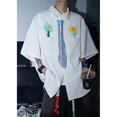 学院风花卉涂鸦短袖衬衫白色印花图案原版高质量CS361，男装T恤，星座1116A（原606A-3）