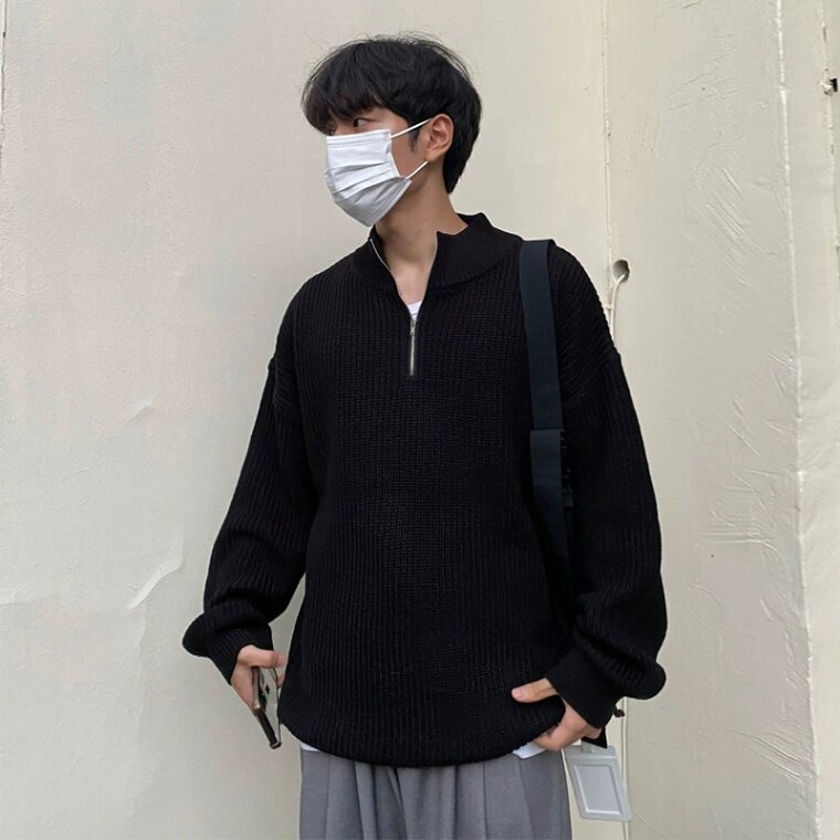 MM204-P55美式复古宽松落肩慵懒风半高领拉链针织衫图片