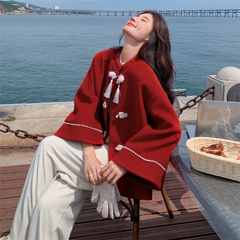 现货2D078-W6728-P195K298夹棉风呢料围脖毛领红色呢大衣,女装毛呢外套,2D078