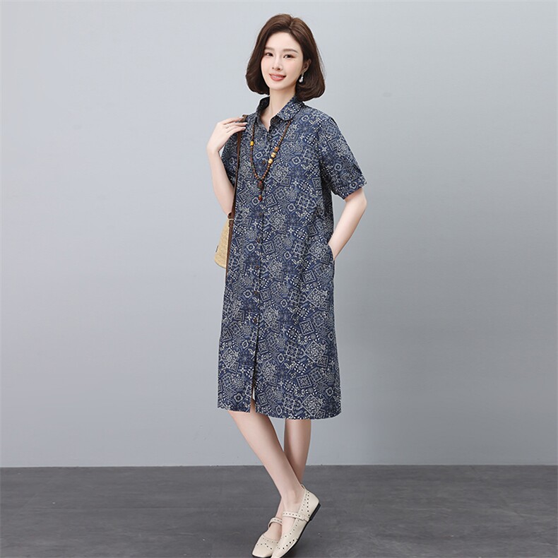 纯棉印花连衣裙女夏2025新款宽松大码中年妈妈遮肚子显瘦衬衫裙子,女装连衣裙,依恋蒂丝