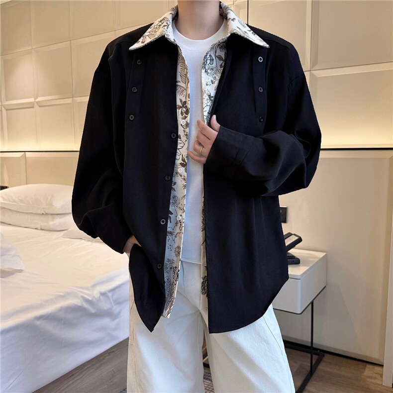 潮流休闲花卉印花领翻领假两件休闲长袖衬衫上衣男潮特P52图片
