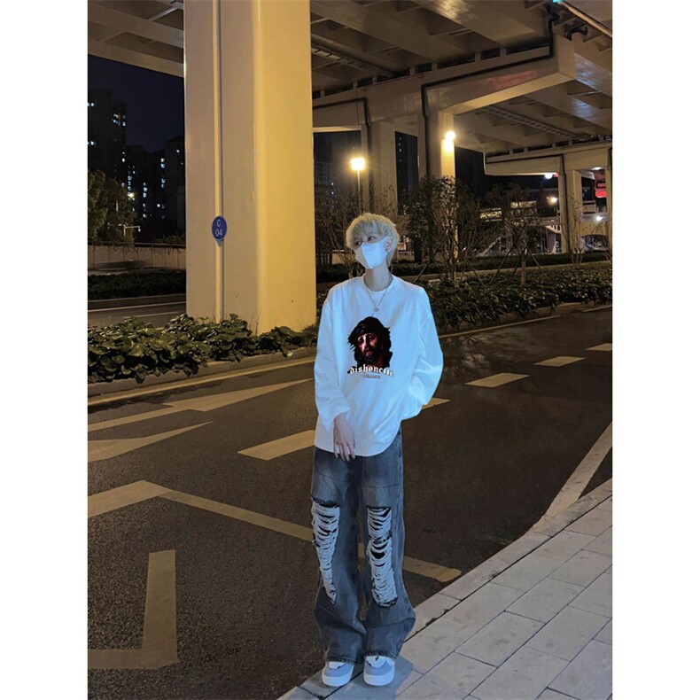 美式复古耶稣头像印花长袖T恤小领口打底衫图片