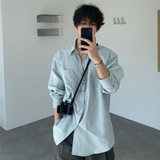 条纹休闲衬衫男春季宽松长袖衬衣韩版潮流翻领上衣710-806P50，男装衬衫，星座710