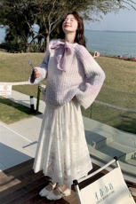 2025春前后两穿蝴蝶结渐变毛衣蕾丝半身裙两件套2C133-P145-K198，女装套装/套裙，2C133