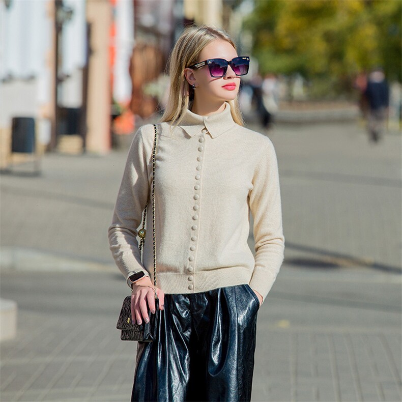 春秋新款羊绒衫女短款纯色翻领单排扣针织衫上衣时尚百搭，女装羊绒衫，鹿一羊绒