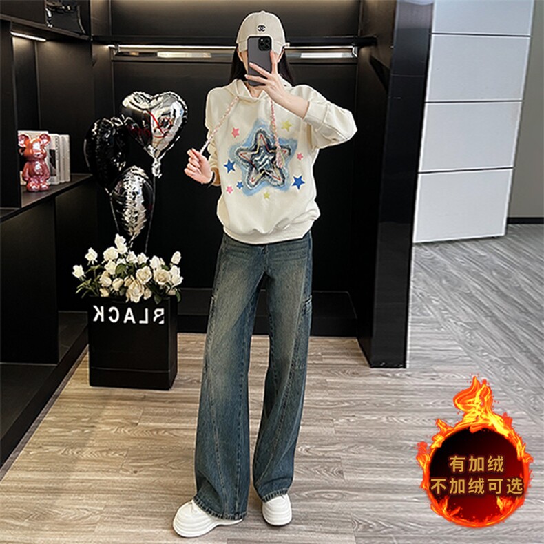 时尚显瘦加绒印花连帽卫衣牛仔裤两件套图片