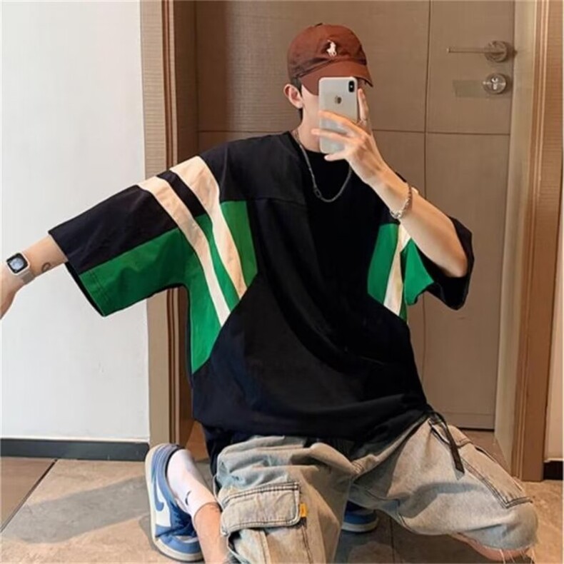 欧美高街t恤原创拼接hiphop棒球短袖男夏季重磅藏青色条纹五分袖,男装T恤,星座1210-1