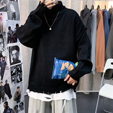 2021秋冬季嘻哈纯色高领破洞个性毛衣宽松翻领针织现货M023-P35，男装针织衫/毛衣，星座512-4