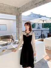 韩版甜美淑女时尚气质高雅淑女收腰拼色连衣裙，女装连衣裙，荷塘月色