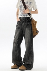 闪电裂纹水洗做旧牛仔裤男阔腿复古美式高街微喇直筒裤子KZ065P65，男装牛仔裤，电商B312