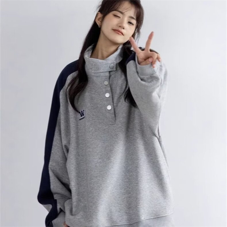 A03-P32秋季美式复古拼接立领休闲卫衣情侣日系宽松套头外套,女装短外套,电商B323A
