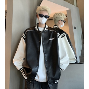 港风 美式复古拼接罗纹pu棒球服情侣皮衣夹克外套男女 G1094 P108图片