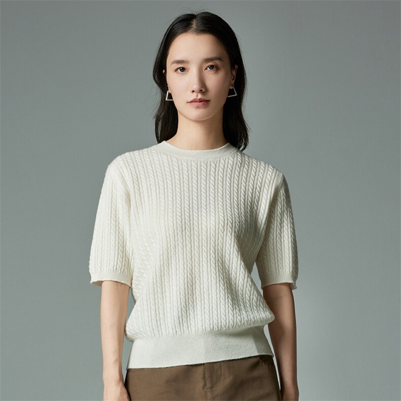 山羊绒绞花短袖毛衣女夏装新款圆领套头短款针织衫35%羊绒衫，女装羊绒衫，木淼羊绒