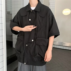 红色不规则工装短袖衬衫男夏季美式飞行衬衣vintage外套S1275-P50，男装T恤，星座1008-1