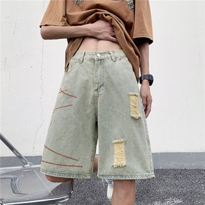 泥黄色破洞牛仔短裤男夏季美式复古痞帅五分裤P40