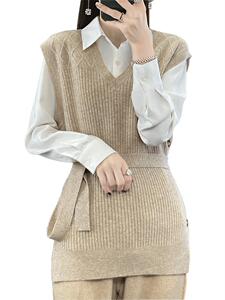 秋冬新款羊毛外搭坎肩背心女纯色V领套头宽松麻花马甲图片