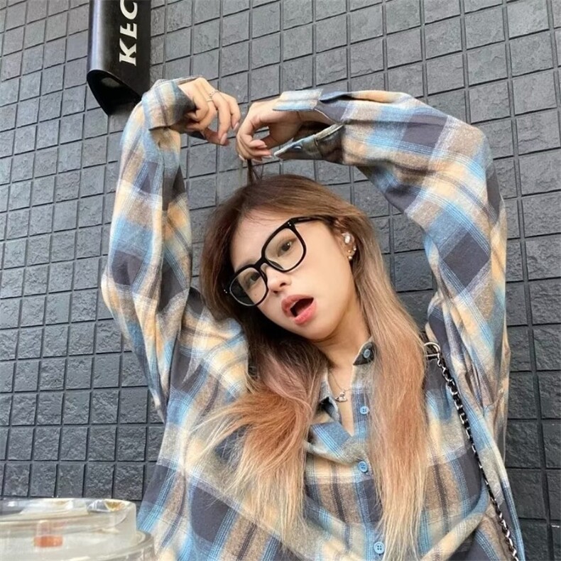 美式复古撞色格子衬衫早秋外套女2026新款高级感宽松长袖衬衣上衣,男装衬衫,星座506A