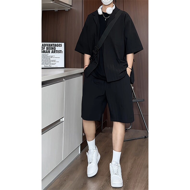 TZ52932/P65西服领短袖衬衣裤子套装男潮夏季肌理感西装领两件套,男装西服,电商A141