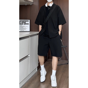 TZ52932/P65西服领短袖衬衣裤子套装男潮夏季肌理感西装领两件套图片