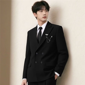 双排扣男士西装结婚礼服修身帅气黑色西服男韩版潮流英伦外套图片