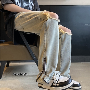 高街夏季新款破洞牛仔裤裤脚拉链微喇拖地裤B315-K23275-p65控78图片