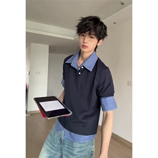 网图有货夏季美式藏青色假两件格子拼接polo领短袖男女A600-P40，男装T恤，星座1505