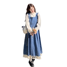 时尚慵懒感牛仔背带裙套装女2025春季新款木耳边衬衫背带裙两件套，女装连衣裙，2C198
