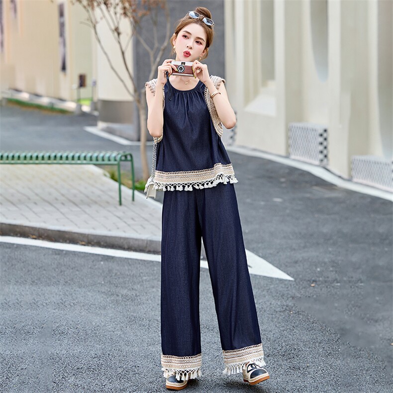 度假风蕾丝钩花拼接套装女2025夏季新款洋气无袖背心阔腿裤两件套,女装套装/套裙,布芭啦