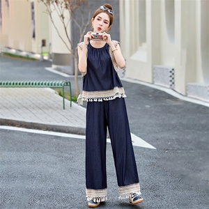 度假风蕾丝钩花拼接套装女2025夏季新款洋气无袖背心阔腿裤两件套图片