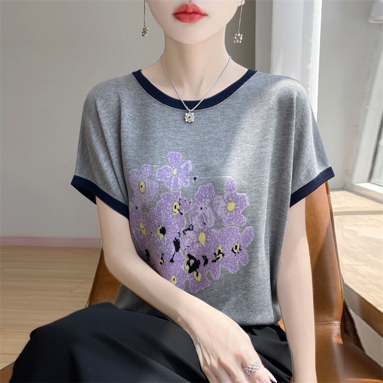 夏季新款莱赛尔天丝印花撞色圆领短袖女宽松百搭显瘦时尚上衣,女装T恤,暖娇绒包芯纱店