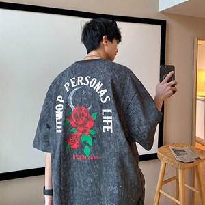 2023夏新款高品质港风个性玫瑰印花短袖T恤上衣T2231-P45，男装T恤，星座914-3