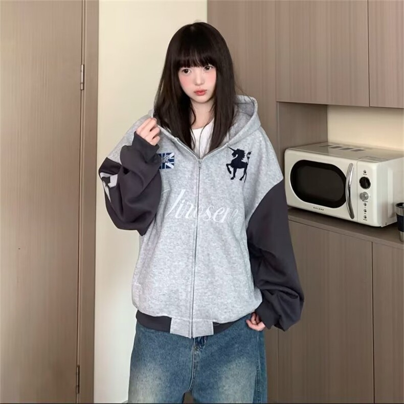港风秋款男女连帽卫衣撞色刺绣宽松外套W04 P55图片