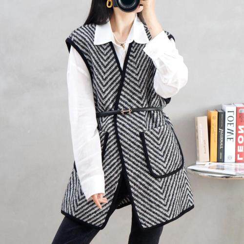 早秋新款时尚波浪纹双口袋腰带款简约毛呢马甲外套，女装马夹，紫燕千娇