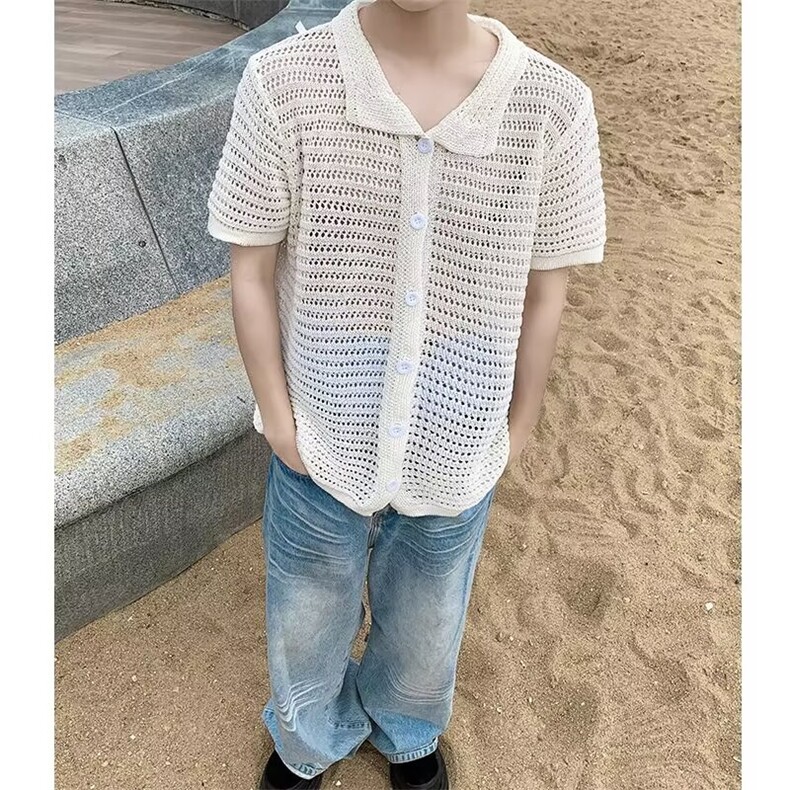 夏季开衫镂空针织衬衫男女翻领情侣宽松短袖衬衣薄款6011P38,男装衬衫,星座410-2