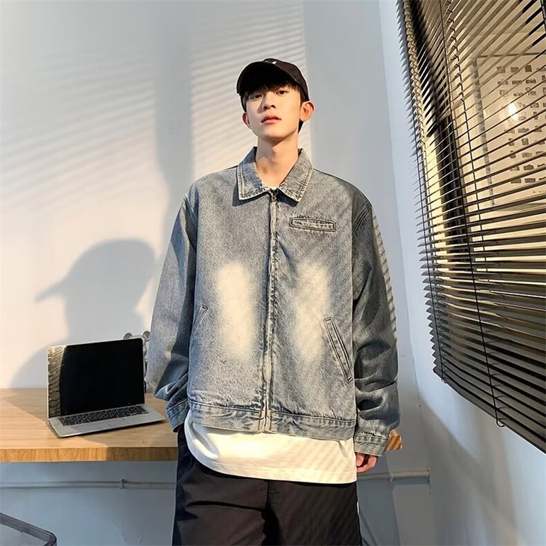 新款牛仔外套男女潮牌日系宽松复古做旧水洗牛仔夹克潮流,男装工装外套,星座410-7