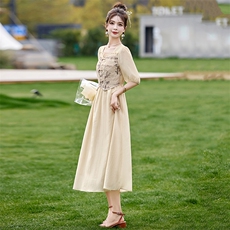 新中式国风连衣裙女装2024新款夏季高级感小个子气质名媛盘扣裙子，女装连衣裙，魅丽静蓝