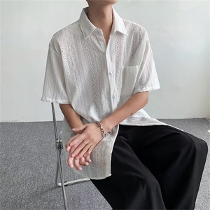 潮标准简约方领新款男条纹夏季潮流五分袖C664P33图片